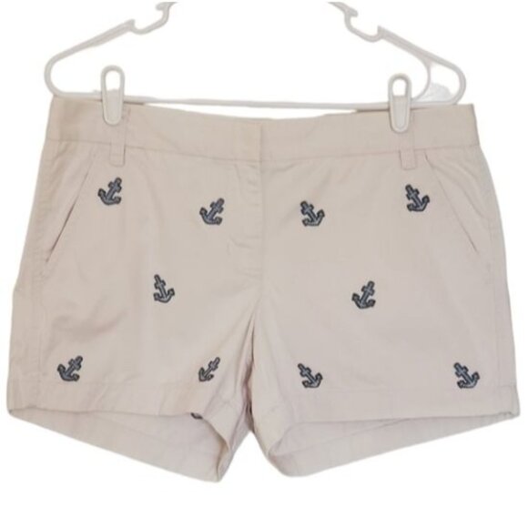 J. Crew Womens Anchor Embroidered Ivory Cotton Shorts Size 8 Casual Summer Style - Picture 1 of 7